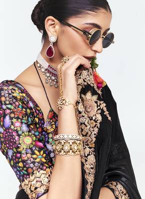 Black fancy beautified with sequins dhaga thread embroidered work saree 3