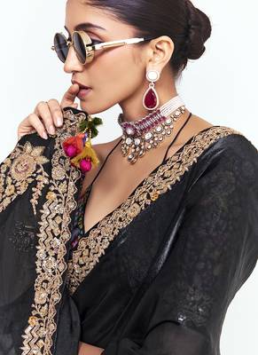 Black fancy beautified with sequins dhaga thread embroidered work saree 4