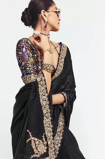 Black fancy beautified with sequins dhaga thread embroidered work saree
