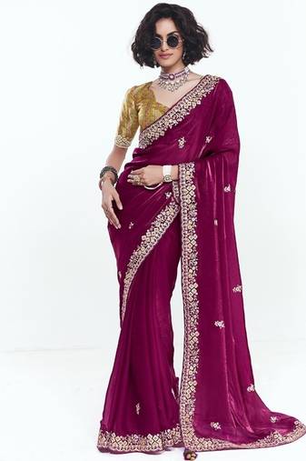 Maroon fancy beautified with sequins dhaga thread embroidered work saree