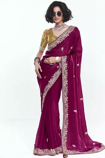 Maroon fancy beautified with sequins ,dhaga ,thread embroidered work saree