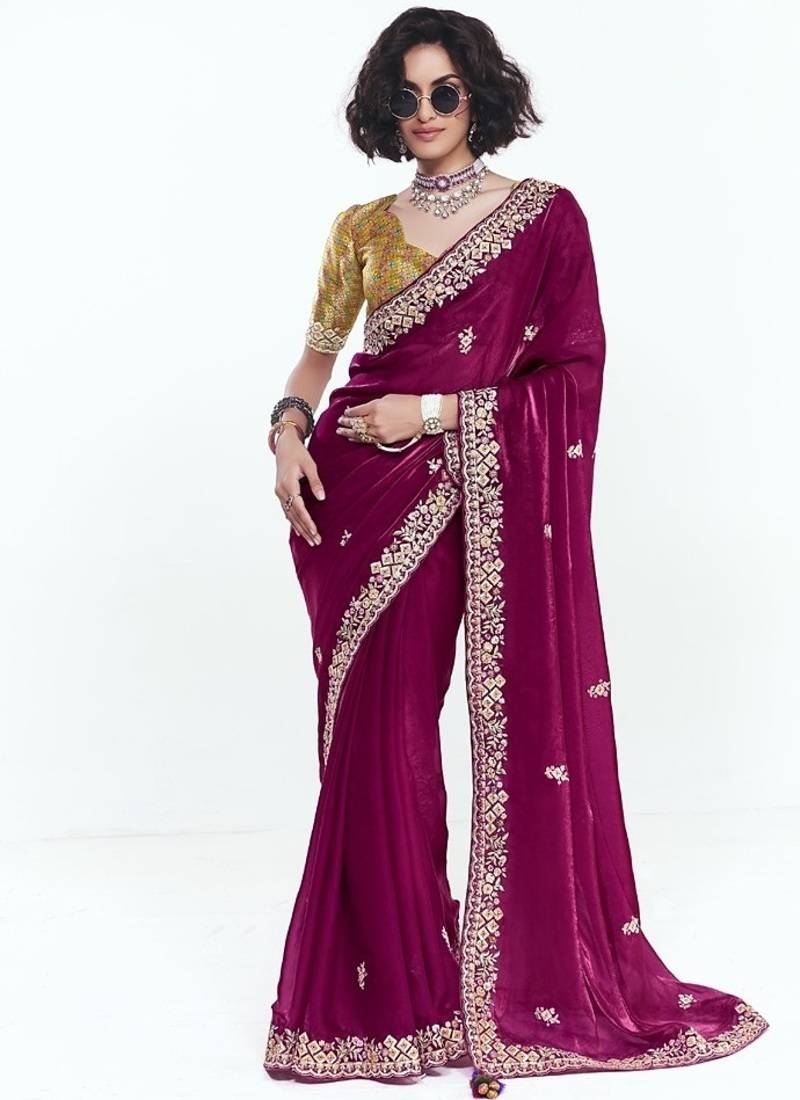 Maroon fancy beautified with sequins ,dhaga ,thread embroidered work saree