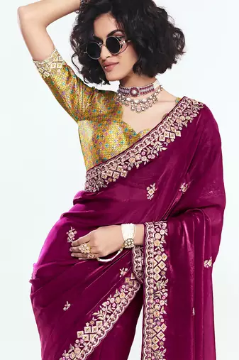 Maroon fancy beautified with sequins dhaga thread embroidered work saree