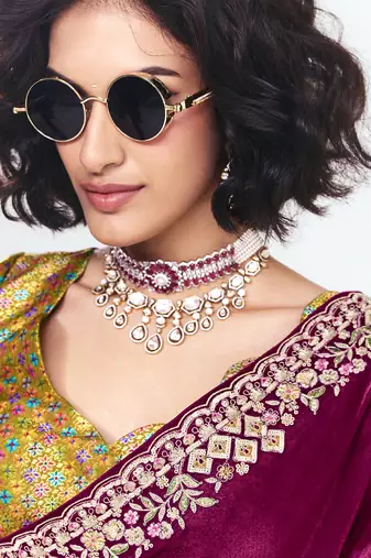 Maroon fancy beautified with sequins dhaga thread embroidered work saree