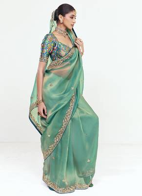 Turquise fancy beautified with sequins dhaga thread embroidered work saree 2