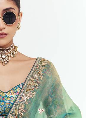 Turquise fancy beautified with sequins dhaga thread embroidered work saree 4
