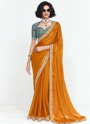Orange fancy beautified with sequins dhaga thread embroidered work saree 1