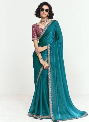 Teal fancy beautified with sequins dhaga thread embroidered work saree 1
