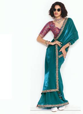 Teal fancy beautified with sequins dhaga thread embroidered work saree 2