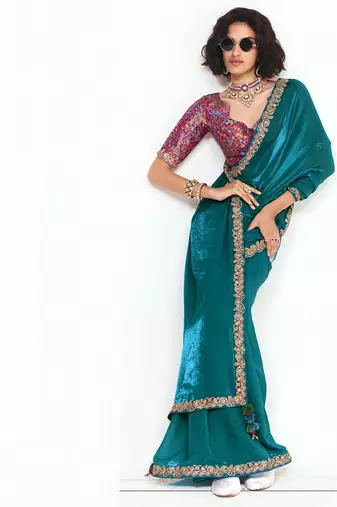 Teal fancy beautified with sequins dhaga thread embroidered work saree