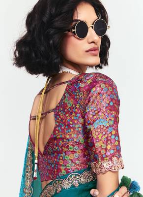 Teal fancy beautified with sequins dhaga thread embroidered work saree 3