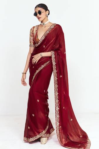 Red fancy beautified with sequins dhaga thread embroidered work saree