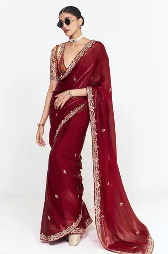 Red fancy beautified with sequins ,dhaga ,thread embroidered work saree