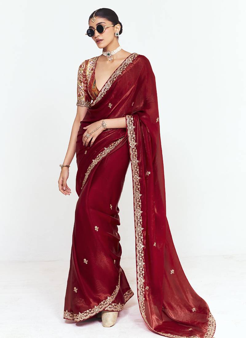 Red fancy beautified with sequins ,dhaga ,thread embroidered work saree