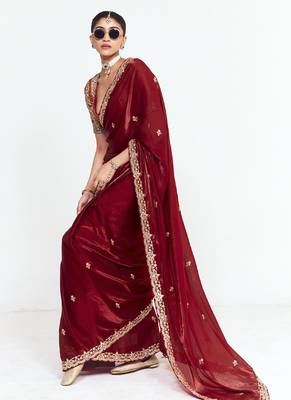 Red fancy beautified with sequins dhaga thread embroidered work saree 2