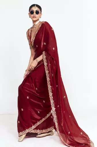 Red fancy beautified with sequins dhaga thread embroidered work saree