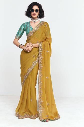 Mustard fancy beautified with sequins dhaga thread embroidered work saree