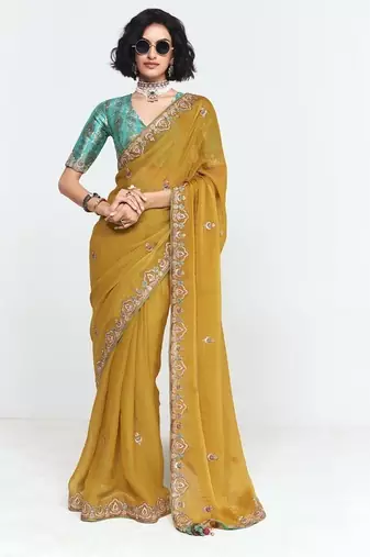 Mustard fancy beautified with sequins ,dhaga ,thread embroidered work saree