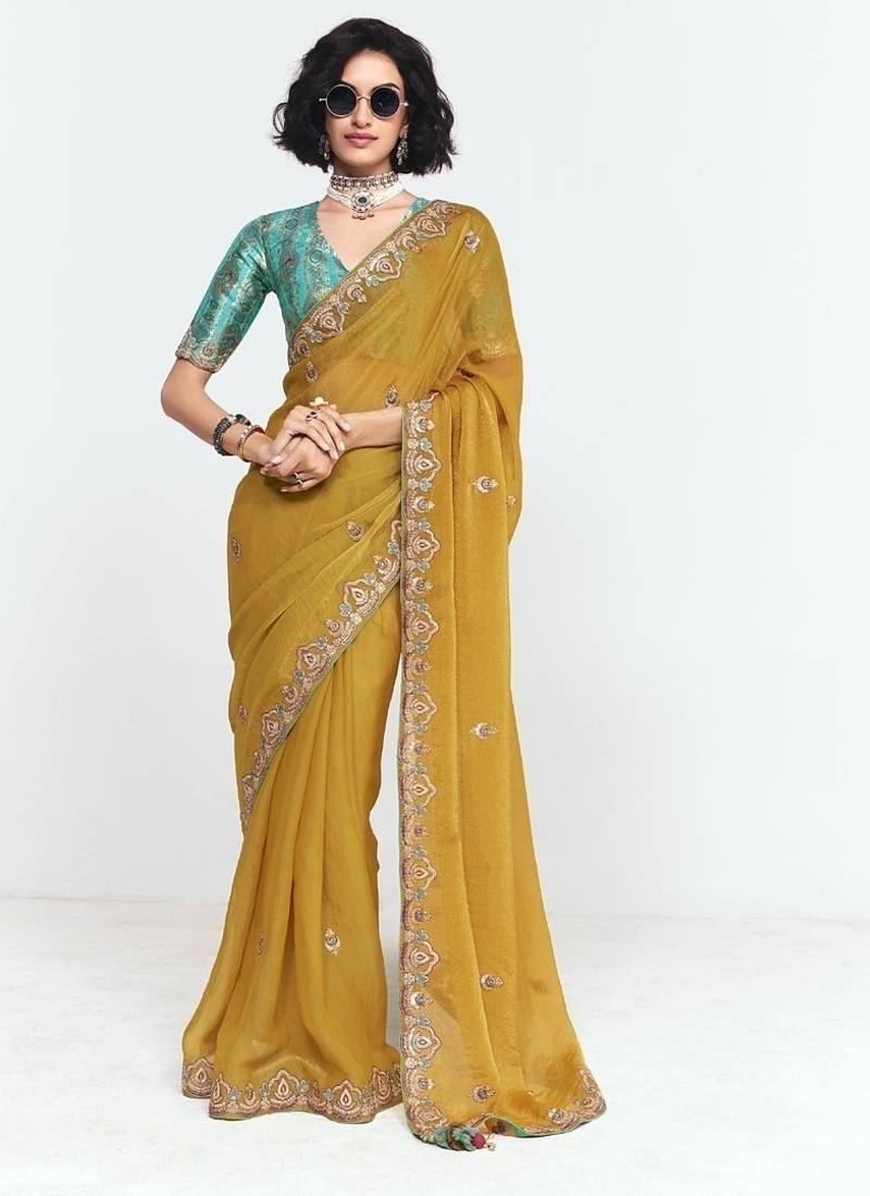 Mustard fancy beautified with sequins ,dhaga ,thread embroidered work saree