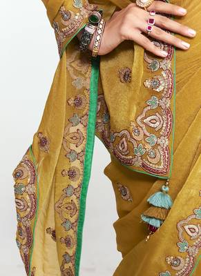 Mustard fancy beautified with sequins dhaga thread embroidered work saree 2