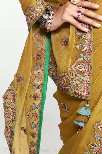 Mustard fancy beautified with sequins dhaga thread embroidered work saree