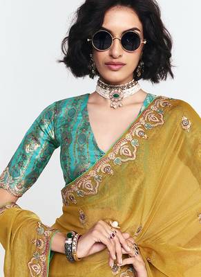 Mustard fancy beautified with sequins dhaga thread embroidered work saree 4