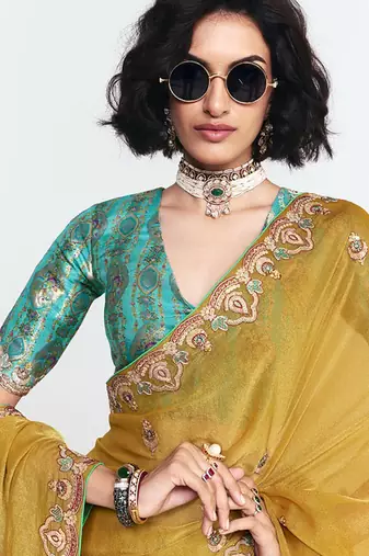 Mustard fancy beautified with sequins dhaga thread embroidered work saree