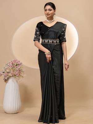 Black chinon silk saree with embrodery work blouse and waist belt 1