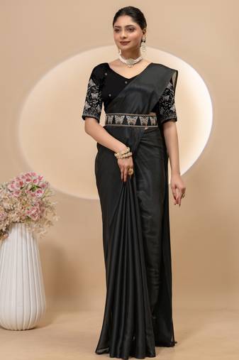 Black chinon silk saree with embrodery work blouse and waist belt