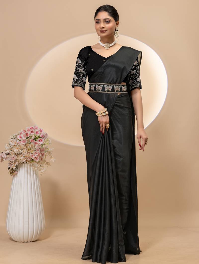 Black chinon silk saree with embrodery work blouse and waist belt