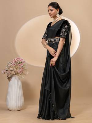 Black chinon silk saree with embrodery work blouse and waist belt 2