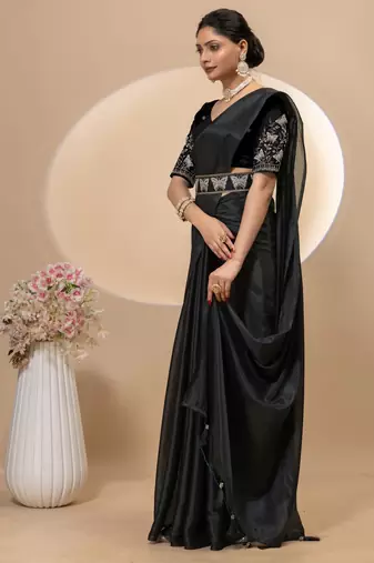 Black chinon silk saree with embrodery work blouse and waist belt