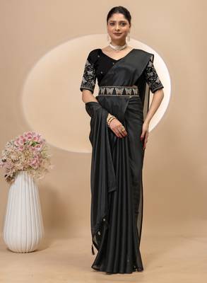 Black chinon silk saree with embrodery work blouse and waist belt 3