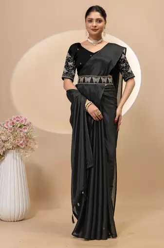Black chinon silk saree with embrodery work blouse and waist belt