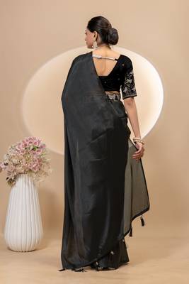 Black chinon silk saree with embrodery work blouse and waist belt 4