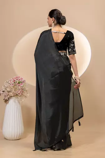 Black chinon silk saree with embrodery work blouse and waist belt