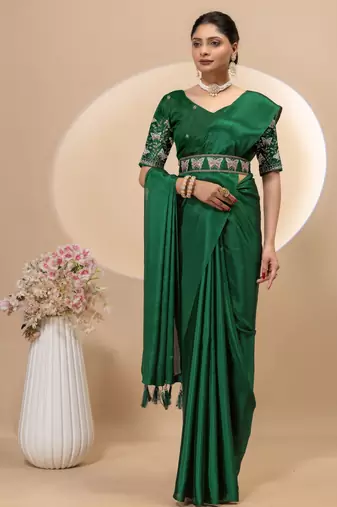 Green chinon silk saree with embrodery work blouse and waist belt
