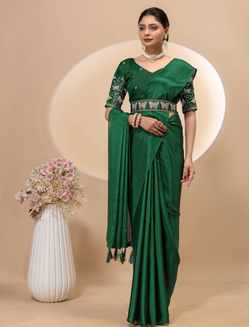 Green chinon silk saree with embrodery work blouse and waist belt