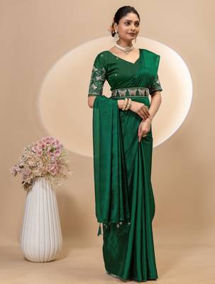 Green chinon silk saree with embrodery work blouse and waist belt 2