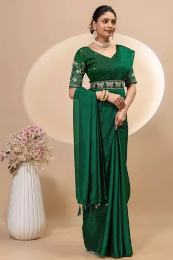 Green chinon silk saree with embrodery work blouse and waist belt