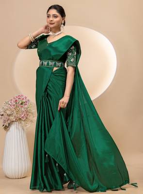 Green chinon silk saree with embrodery work blouse and waist belt 3