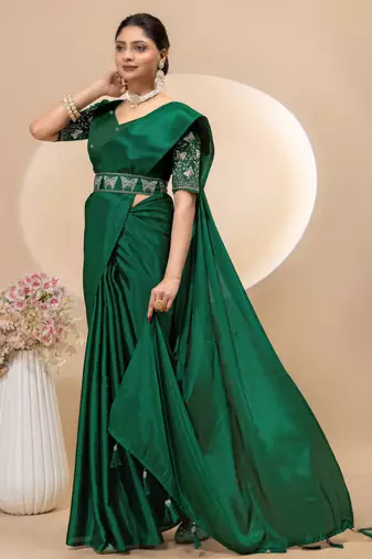 Green chinon silk saree with embrodery work blouse and waist belt