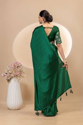 Green chinon silk saree with embrodery work blouse and waist belt 4