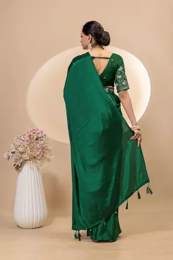 Green chinon silk saree with embrodery work blouse and waist belt