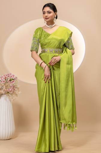 Pista chinon silk saree with embrodery work blouse and waist belt