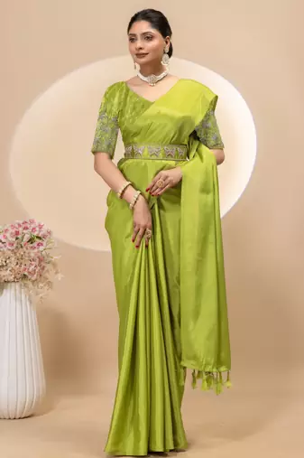 Pista chinon silk saree with embrodery work blouse and waist belt