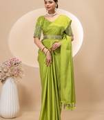 Pista chinon silk saree with embrodery work blouse and waist belt