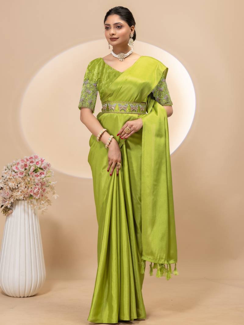 Pista chinon silk saree with embrodery work blouse and waist belt