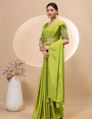 Pista chinon silk saree with embrodery work blouse and waist belt 2