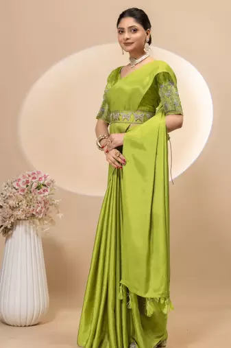 Pista chinon silk saree with embrodery work blouse and waist belt